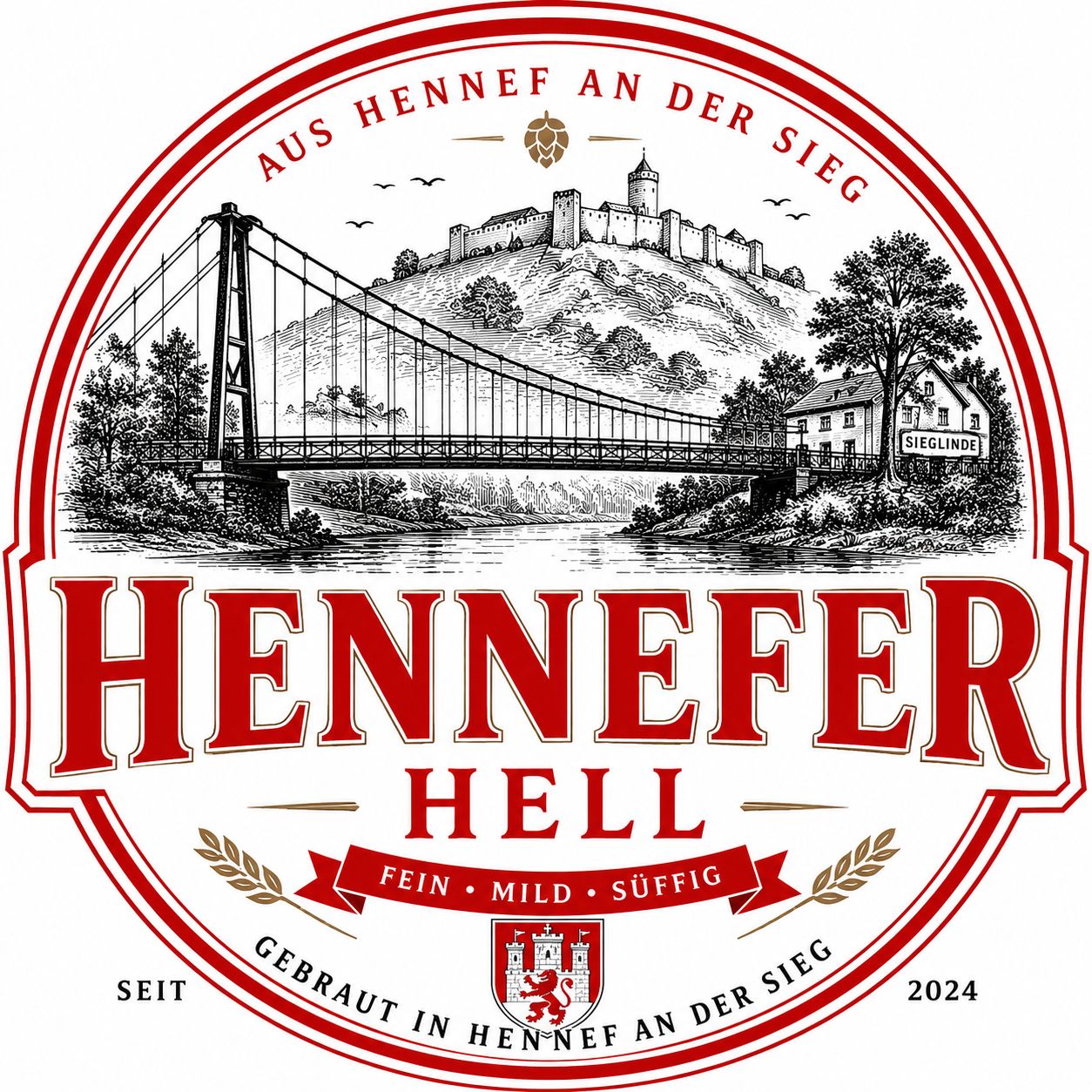 Etikett von Hennefer Hell mit Siegbrücke und Burg Blankenberg
